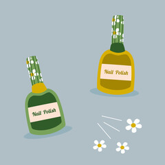 Flat Design Illustration with Green, Yellow  Nail Polish  in a Daisy Flowers  Bottle Pattern 