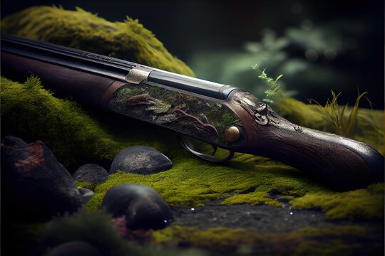 A hunting shotgun covered with moss. Generative AI.