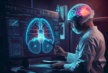 Futuristic biomedical concept of a doctor using advance holographic scanning a patient's brain neuron pathology and diagnostic scan - obrazy, fototapety, plakaty