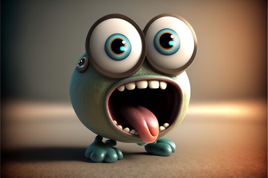 Witzige 3D Monster Alien Figur mit gro&szlig;en Augen und offenem Mund zeigt Emotion Nahaufnahme, ai, generativ