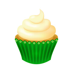 Chocolate cupcake with buttercream in green paper packaging. Sweet pastries on a white background. Dessert with cream, sweets for the holiday. Vector illustration.