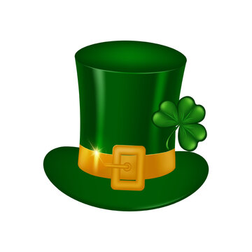 Green leprechaun hat with gold buckle and clover leaf. St. Patrick's hat with a shamrock on a white background. Traditional holiday costume Saint Patricks day. Vector illustration.