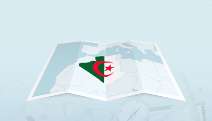 Map of Algeria with the flag of Algeria in the contour of the map on a trip abstract backdrop.