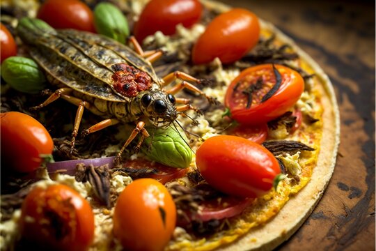 Pizza mit Insekten Belag, Heuschrecke gegrillt und Tomaten Käse. AI generativ
