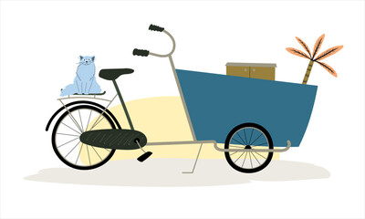 Fototapeta na wymiar Cargo bike bakfiets standing at the parking with stuff in the box and cat on the trunk. Bohemian style flat vector illustration hand drawn.