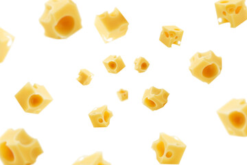 Falling cheese cube, isolated on white background, selective focus