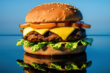 hamburger on a blue background, reflections, Generative AI