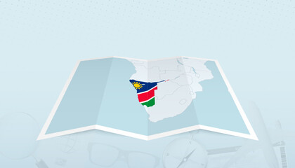 Map of Namibia with the flag of Namibia in the contour of the map on a trip abstract backdrop.