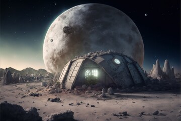 Fototapeta na wymiar Wüstenlandschaft mit einem Haus und dem Mond ganz nah, ai generativ