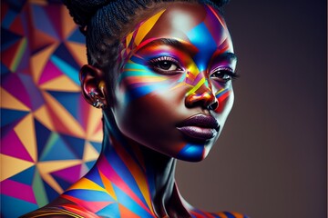 Afroamerikanisches Supermodel mit Designer Kleidung und tollem Make-Up Nahaufnahme. AI generativ - obrazy, fototapety, plakaty