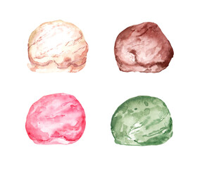 Set of watercolor ice cream scoops. Vanilla, strawberry, chocolate and pistachio ice cream