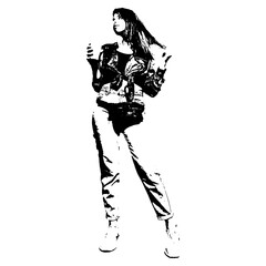 black and white stencil of a girl with coffee posing