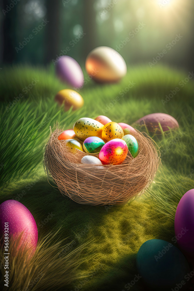 Poster Multi-colored painted Easter eggs in a nest on a forest glade in the grass on a bright sunny day. Generative AI.