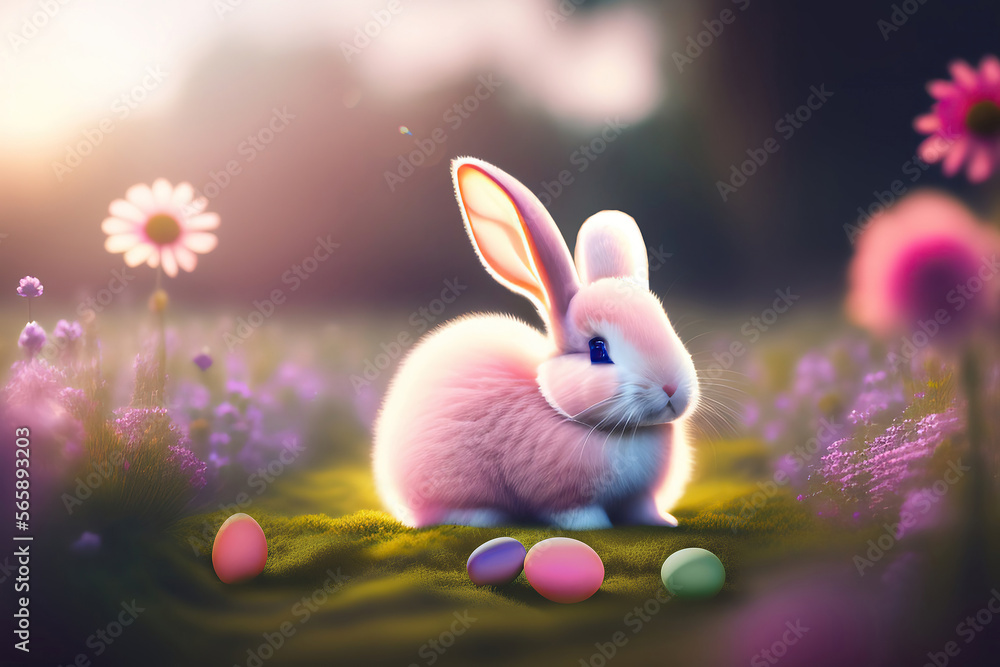 Poster images for easter holiday. pink rabbit in the grass on a flower meadow and colorful painted eggs on 