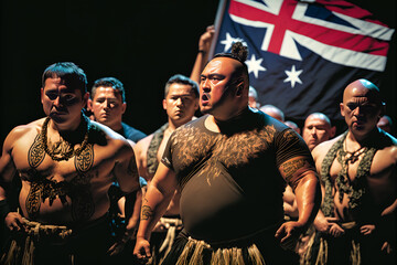 Group of People Dressed in Traditional Maori Clothing, Performing a Haka on a Stage in Front of Crowd. In the Background, There Are Flags of New Zealand and the Treaty of Waitangi Being Held Up, AI - obrazy, fototapety, plakaty