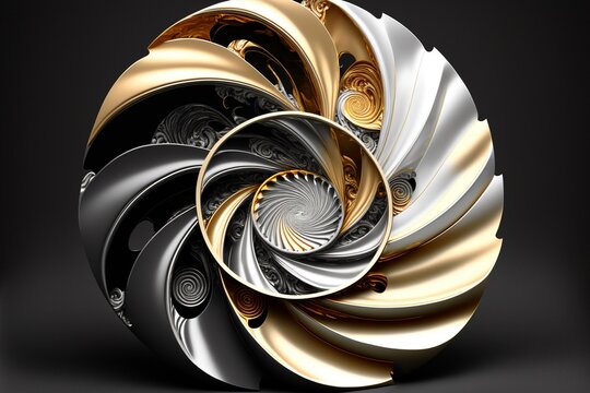 Abstraktes Fibonacci Gebilde, kunstvoll in Gold und Schwarz, ai generativ