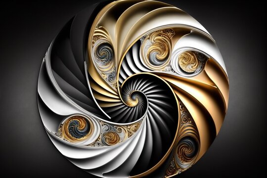 Abstraktes Fibonacci Gebilde, kunstvoll in Gold und Schwarz, ai generativ