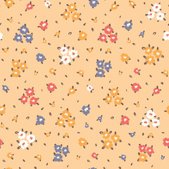 Seamless floral pattern, cute ditsy print with small spring botanicals. Pretty botanical background, liberty arrangement of tiny hand drawn flowers, leaves in pastel colors. Vector illustration.