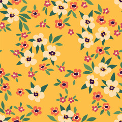 Seamless floral pattern, summer ditsy print with vintage motif. Cute botanical design with small hand drawn flowers, leaves in liberty arrangement on yellow background. Vector illustration.