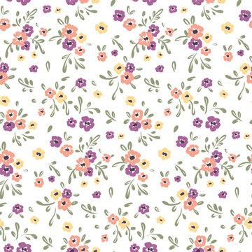 Seamless floral pattern, cute ditsy print with a rustic, folk motif. Pretty botanical design with small hand drawn flowers, tiny leaves in bouquets on white background. Liberty floral pattern. Vector.