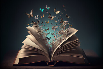 Butterflies coming out of an open book.Fantasy and literature concept.Generative ai.