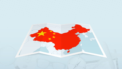 Map of China with the flag of China in the contour of the map on a trip abstract backdrop.