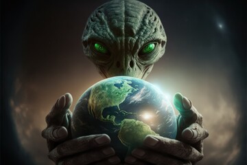 alien with earth in  hands made with generative ai