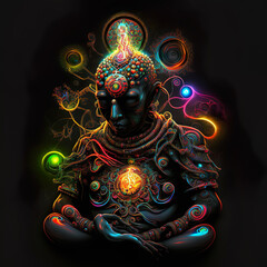 Psychedelic rave psytrance dj Buddha, holy symbol of faith in Buddha in nirvana enlightenment