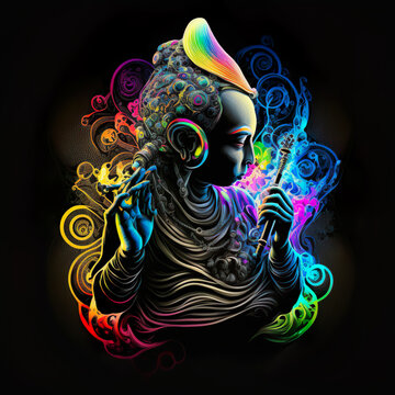 Psychedelic rave psytrance dj Buddha, holy symbol of faith in Buddha in nirvana enlightenment