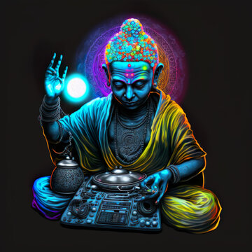 Psychedelic rave psytrance dj Buddha, holy symbol of faith in Buddha in nirvana enlightenment