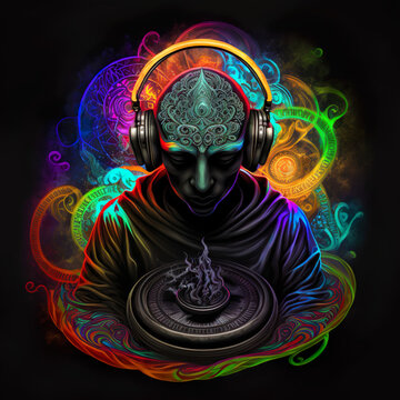 Psychedelic rave psytrance dj Buddha, holy symbol of faith in Buddha in nirvana enlightenment