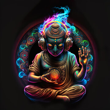 Psychedelic rave psytrance dj Buddha, holy symbol of faith in Buddha in nirvana enlightenment