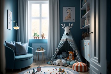 Scaninavian interior style children's room with several toys and stag-headed tent