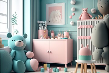 Colorful Scaninavian interior style children's room packed with pink dresser
