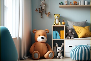 Colorful Scaninavian interior style children's room packed with teddy bear and rabbit plushie