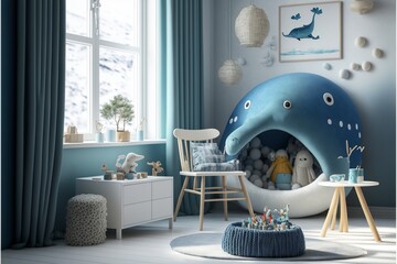 Colorful Scaninavian interior style children's room with several toys and wooden furnitures in the daylight