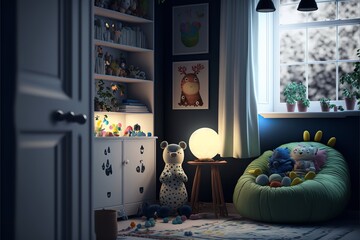 Scaninavian interior style children's room packed with toys and wooden furnitures