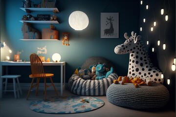 Scandinavian interior style children's room at night with dotted plushie zebra