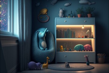 Scandinavian interior style children's room at night with blue elephant