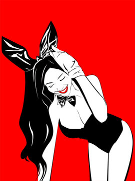 vector illustration with a simplified, cartoon image of a beautiful girl in a rabbit costume on a red background for prints on postcards, banners, and for the design of nightclubs, bars and studios