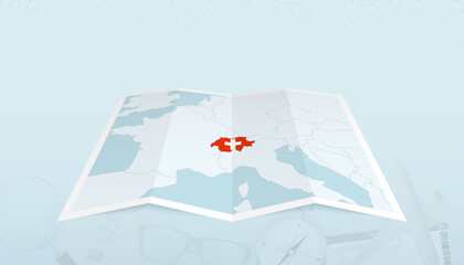 Map of Switzerland with the flag of Switzerland in the contour of the map on a trip abstract backdrop.