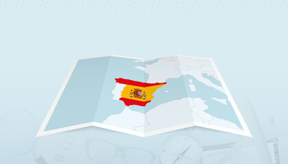 Map of Spain with the flag of Spain in the contour of the map on a trip abstract backdrop.