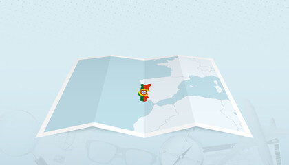 Map of Portugal with the flag of Portugal in the contour of the map on a trip abstract backdrop.