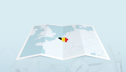 Map of Belgium with the flag of Belgium in the contour of the map on a trip abstract backdrop.