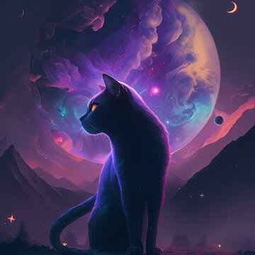 Moonlight Cat. High Quality Illustration. Generative AI