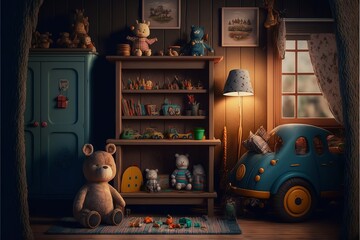 Country interior style children's room with toys and wooden furnitures - obrazy, fototapety, plakaty
