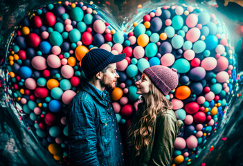 Fototapeta na wymiar Couple in love, valentines day, balloons around, golden ratio composition, Generative AI