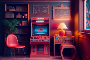 retro style game room made with generative ai, arcade games