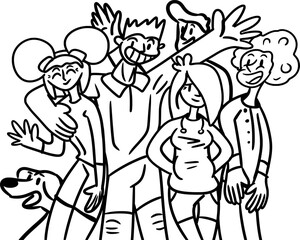 Vector drawing of a group of five people boys and girls,and dog.They differ in height and complexion.Everyone is happy, hugging, waving.These is a contour, silhouette.On white background,isolated.Flat