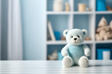 Perspective table with a teddy bear plush toy in the baby room, Generative AI